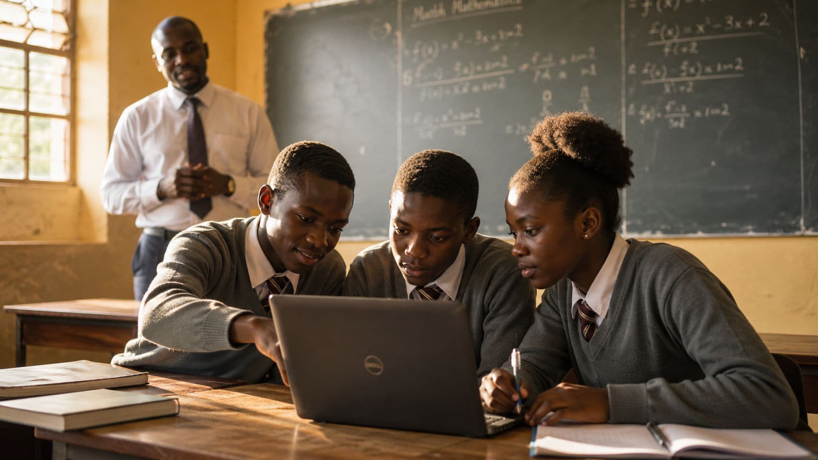 Three African secondary school students focused on a laptop in a sunlit classroom, with their teacher watching and mathematical equations covering the chalkboard behind them