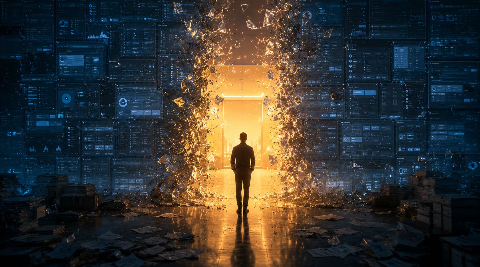 A person speaks a single instruction to a warm amber AI assistant that dissolves a towering glass wall of cluttered software screens, menus and forms; on the far side the task is already finished in clean golden light, while a cold-blue legacy dashboard of tabs and buttons cracks and falls away.