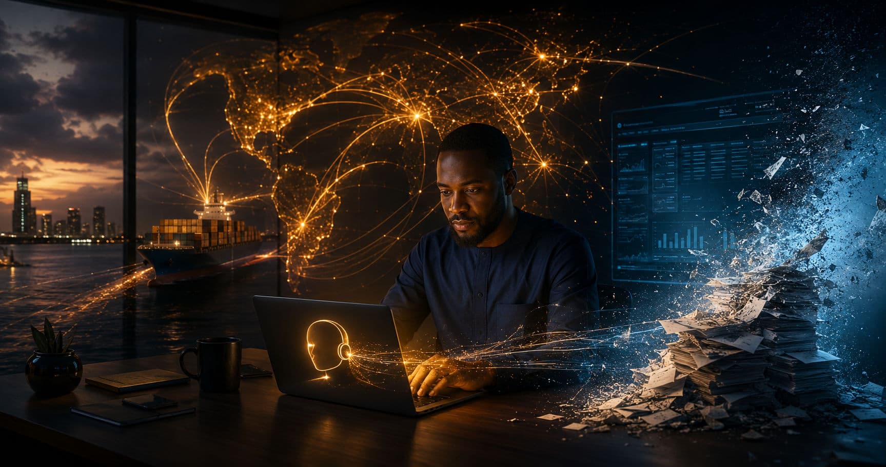 A focused Nigerian software engineer works at a laptop at dusk, an amber AI assistant glowing on its screen; behind him a luminous golden map of global shipping trade-lanes and a container ship at port, while on the right a cold-blue legacy software dashboard shatters into fragments above a crumbling tower of paper invoices