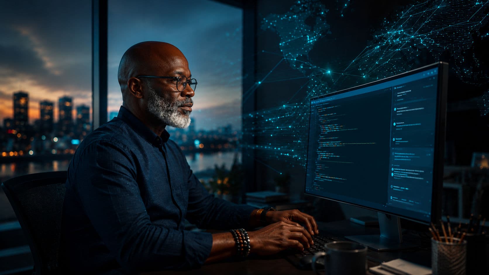 A senior Nigerian software engineer at his workstation at dusk, an AI coding assistant glowing on screen, a Lagos skyline and a luminous global network behind him