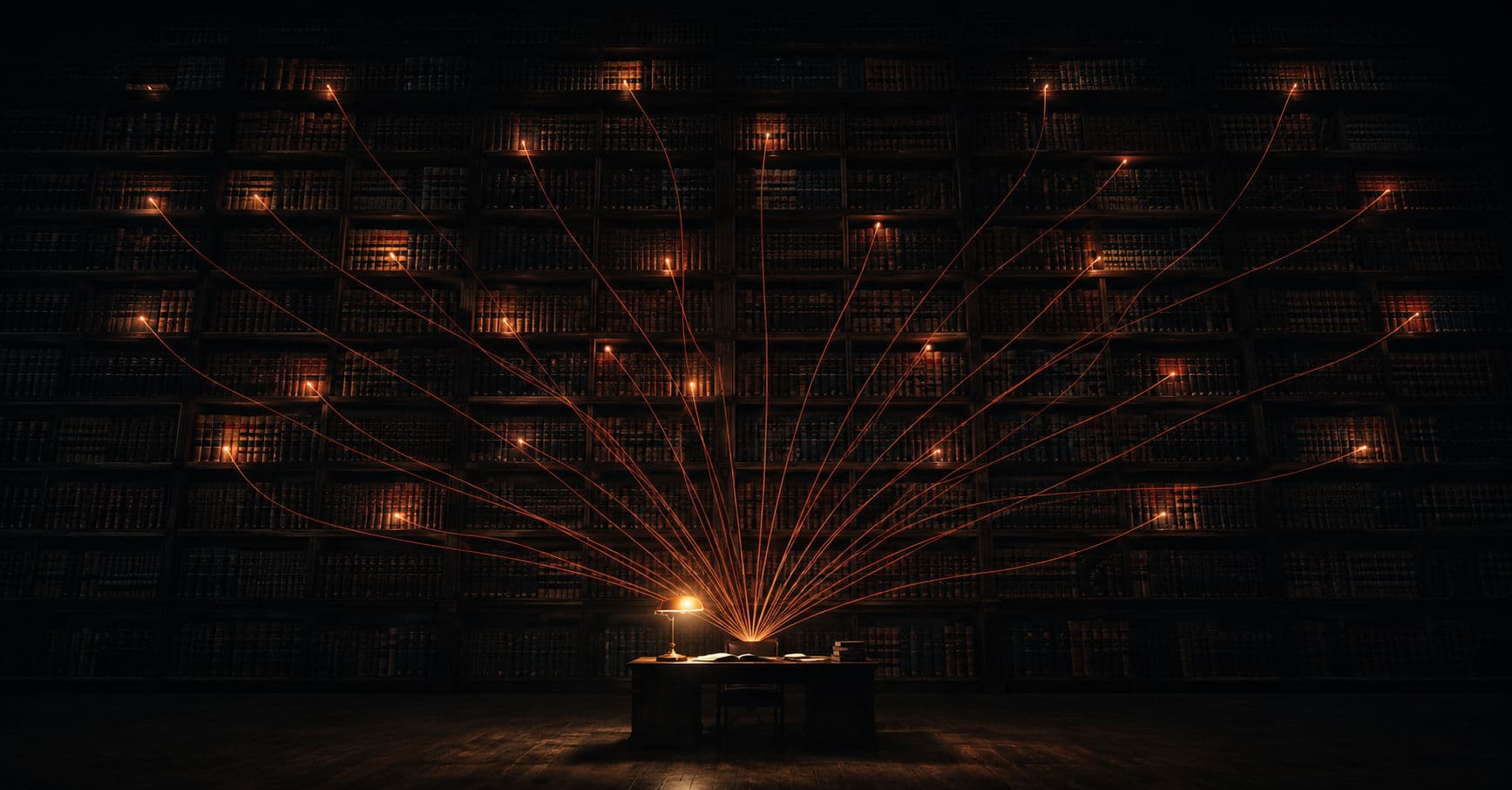 A single small desk with a warm lamp stands before a vast, dark law library; dozens of glowing orange threads of light fan out from the desk, each one reaching a different volume across the towering shelves — a network reading every book at once
